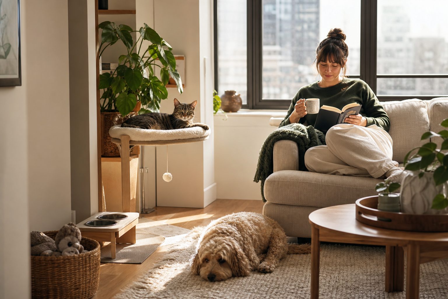 Cat and small dog resting in a calm compact apartment