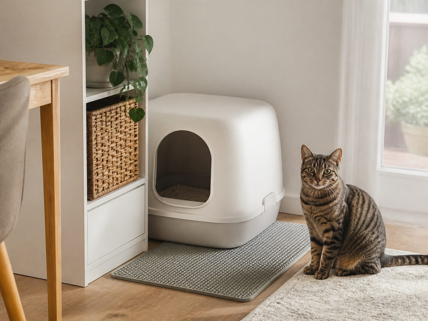 Covered litter box placed beside compact apartment storage