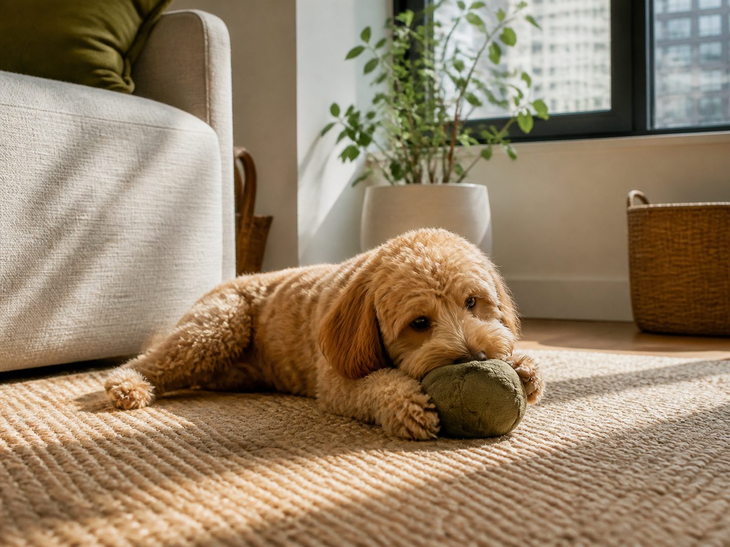Small dog resting on a rug with a soft enrichment toy